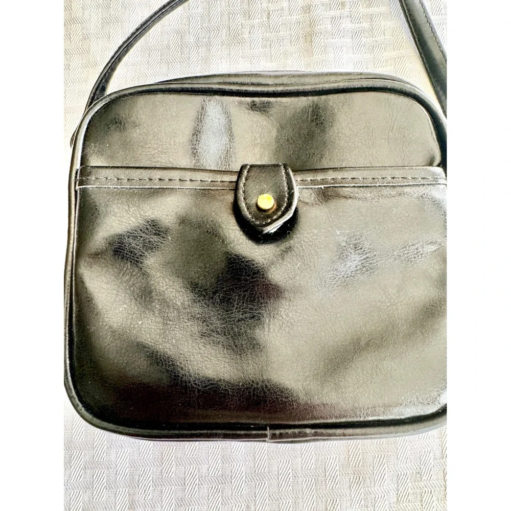 Vintage Black Faux Leather Crossbody Bag Square‎ Camera Bag Gold Hardware